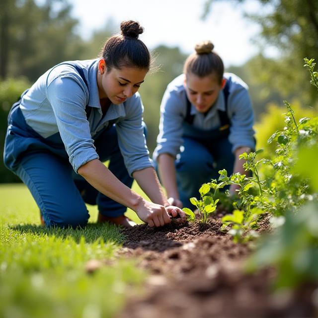 Landscaping team managing a residential garden bed in Florida